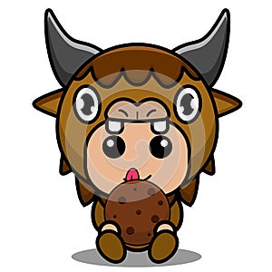 Bison animal mascot costume eating biscuits