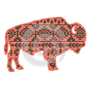 Bison aztec style. Tribal design ethnic ornaments vector print art color graphic illustration isolated on white