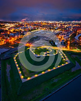 Bison bastion, 17th-century fortifications of GdaÅ„sk illuminated at night. Poland