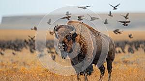 A bison with birds flying.