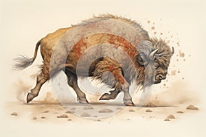 a bison charging with dust swirling around its hooves