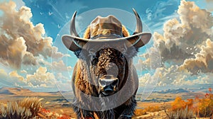 A bison in a cowboy hat roaming the vast prairies of the American West spirit of adventure