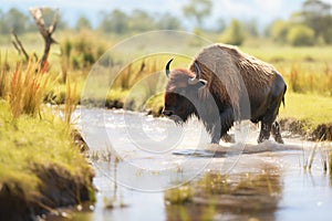 bison crossing a shallow stream in a prairie