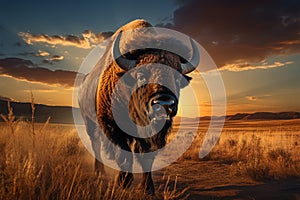 Bison gracefully moving across Yellowstones grassland during the sunset