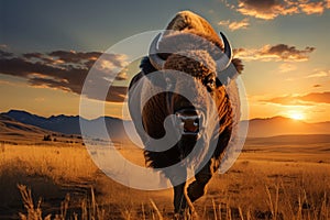 Bison gracefully moving across Yellowstones grassland during the sunset