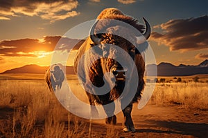 Bison gracefully moving across Yellowstones grassland during the sunset