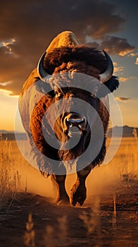 Bison gracefully moving across Yellowstones grassland during the sunset