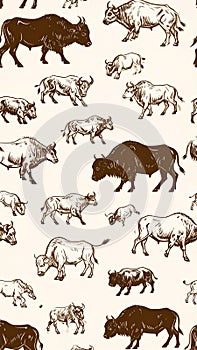 Bison Herd Illustration on Beige Background