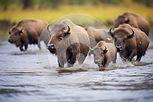 bison herd on the move across a stream