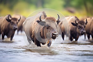 bison herd on the move across a stream