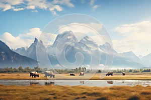 bison herd roaming with mountain backdrop