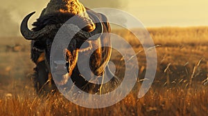 Bison with an intense gaze in golden hour light