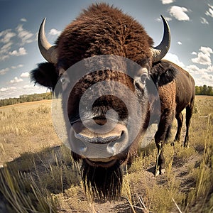 Bison looking straight on with Fisheye Lens
