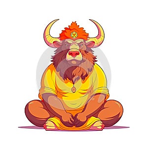A bison meditating in a yoga pose on a white background, Padmasana Lotus Pose and practical meditation asanas photo
