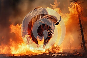 A bison in motion, running through a forest engulfed in flames. The urgent escape of the animal from the environmental hazard of a