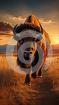 Bison roaming in Yellowstone grassland at sunset, USA, breathtaking scene