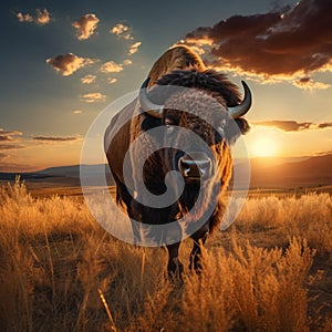 Bison roaming in Yellowstone grassland at sunset, USA, breathtaking scene