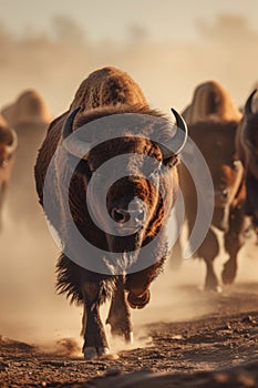 bison run at full speed through the dust