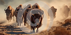 bison run at full speed through the dust