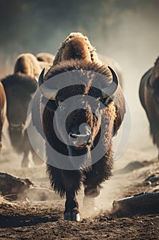 bison run at full speed through the dust