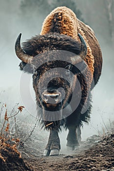 bison run at full speed through the dust