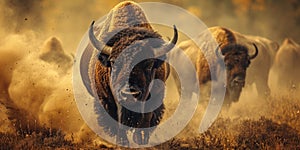 bison run at full speed through the dust