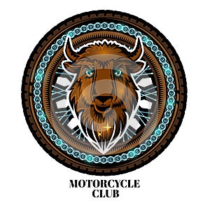 Bison`s head in center of motorcycle wheel, color label on white