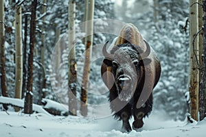 Bison snow forest. Generate Ai