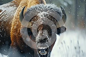 Bison snow winter forest. Generate Ai