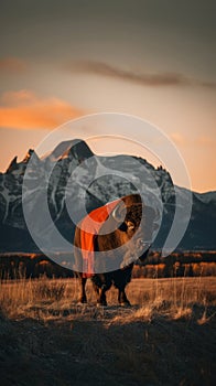 A bison standing in a field with a mountain in the background. Generative AI image.