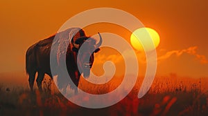 Bison standing on hill at sunset. Generative AI