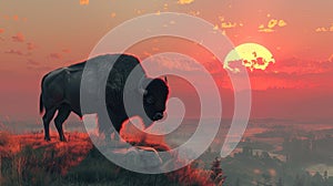 Bison standing on hill at sunset. Generative AI