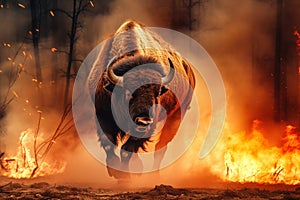 A bison stands in front of a raging fire in the woods, appearing determined and alert as it confronts the dangerous situation