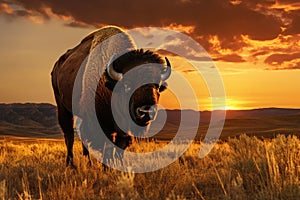 Bison at sunset in Yellowstone National Park, Wyoming, USA, A bison roaming across a grassland plateau during the setting sun, AI