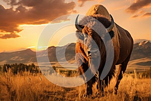 Bison at sunset in Yellowstone National Park, Wyoming, USA, A bison roaming across a grassland plateau during the setting sun, AI