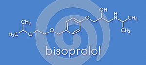 Bisoprolol beta blocker drug molecule. Used to treat high blood pressure hypertension, cardiac ischemia, etc. Skeletal formula. photo