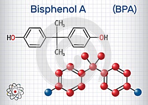 Bisphenol A BPA molecule. Sheet of paper in a cage. Structural chemical formula and molecule model