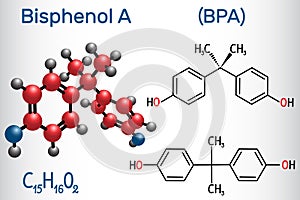 Bisphenol A BPA molecule. Structural chemical formula and molecule model