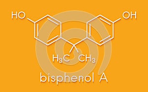 Bisphenol A (BPA) plastic pollutant molecule. Chemical often present in polycarbonate plastics, has estrogen disrupting effects.