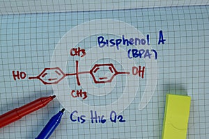Bisphenol A BPA write on a book. Structural chemical formula. Education concept