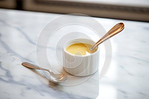 bisque with ceramic spoon on marble countertop