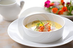 bisque in white bowl with lobster claw garnish