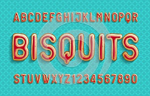 Bisquits alphabet font. Cartoon letters and numbers with jam covering.