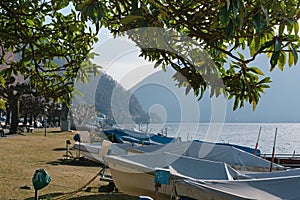 Bissone on the shores of Lake Ceresio. Canton Ticino. Switzerland