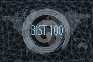 BIST 100 Global stock market index. With a dark background and a world map. Graphic concept for your design