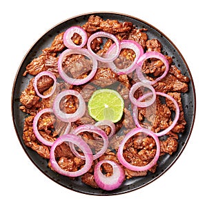 Bistek Tagalog or Bistec Encebollado isolated on white. Filipino spanish cuisine beef steak with onion. Top view photo