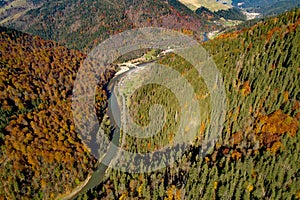 Bistrita Valley in Romania , aerial view from drone with Bistrita river crossing the mountain landscape