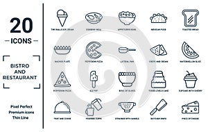 bistro.and.restaurant linear icon set. includes thin line two balls ice cream cone, nachos plate, pepperoni pizza slice, tray and