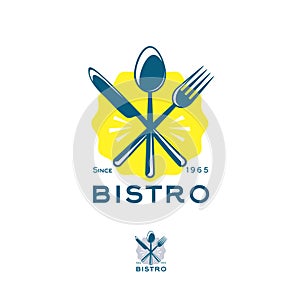 Bistro restaurant logo. Snack emblem. A fork, a spoon and a knife in a yellow badge.