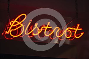 Bistrot neon light by night. Traditional french brasserie. France